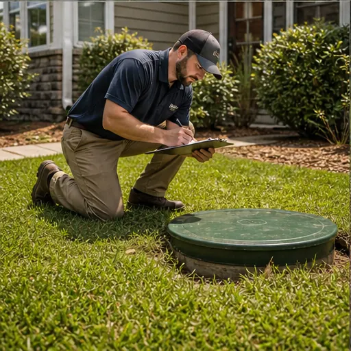 Septic tank access lid being inspected